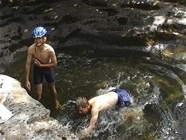 Ryan was first in the water at this perfect natural pool in the River Dee opposite Cowgill Church, 9.2 miles into the ride